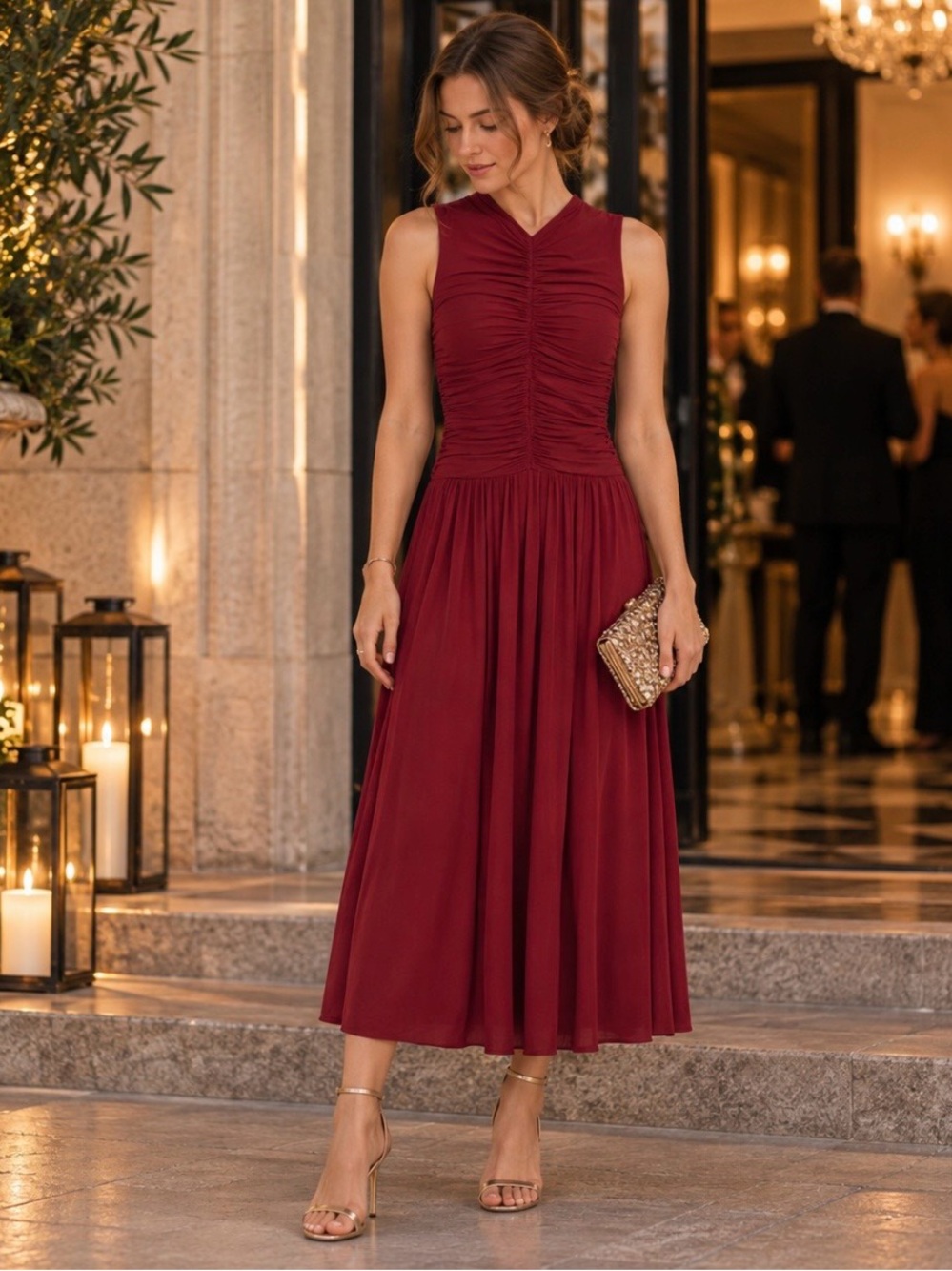 Aritzia Wilfred Fosette Ruched V-Neck Midi Dress Dark Ruby Red XS